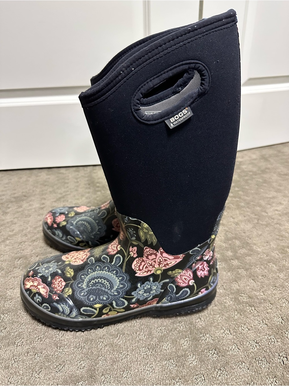 Bogs Women’s Black Tall Boots with Multicolor Floral Pattern